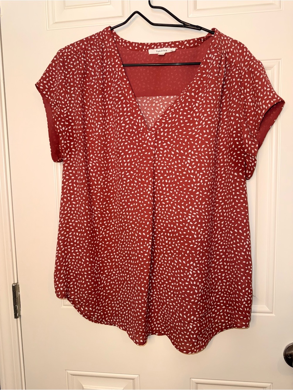 Fun2Fun Rust V-Neck Short Sleeve Blouse with White Dot Print